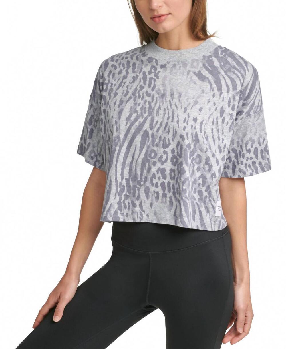 NEW CALVIN KLEIN performance cropped animal-print t-shirt in pearl gray heather